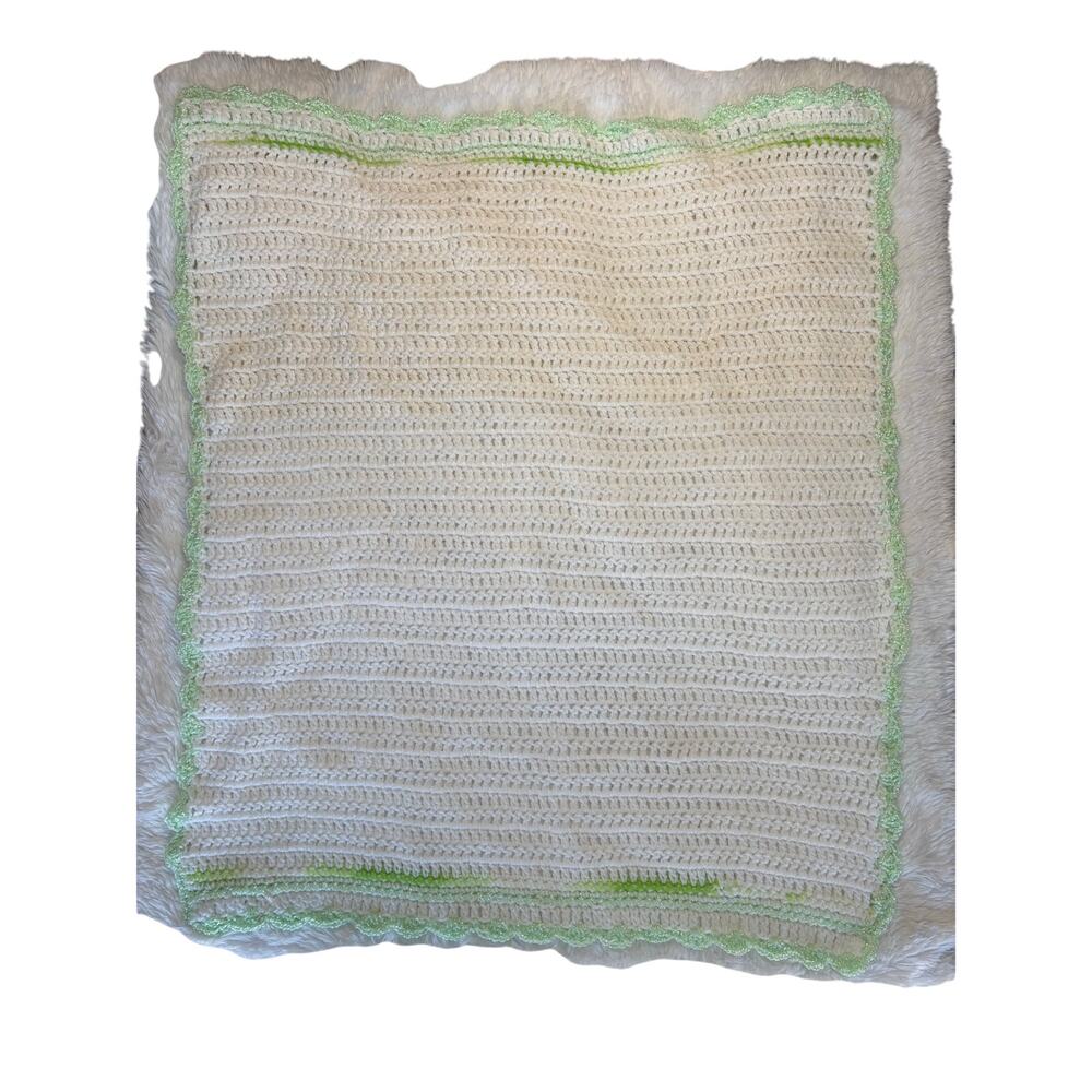 Vintage Handmade Crocheted Afghan white & cream w/ mint green trim Baby Blanket